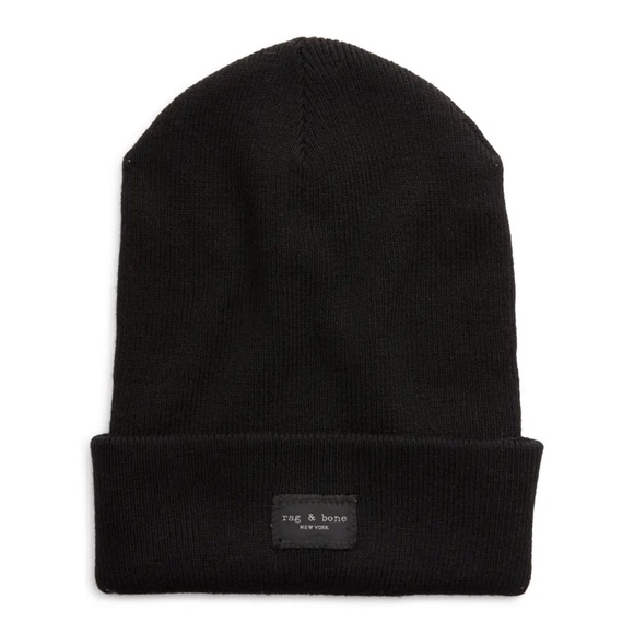 rag & bone Accessories - Rag & Bone Addison Black Wool Blend Knit
Logo Patch Beanie Hat